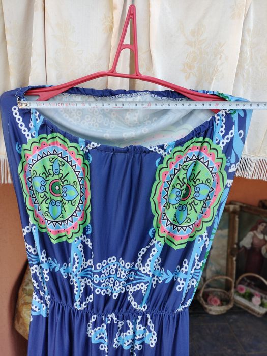 Salopetă de damă / Jumpsuit Casual – Print Mandala / Boho, Albastru cu Verde și Roz, Fără Mâneci