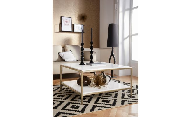 Masuta de cafea Cherleen, MDF alb, cadru auriu, 90 cm