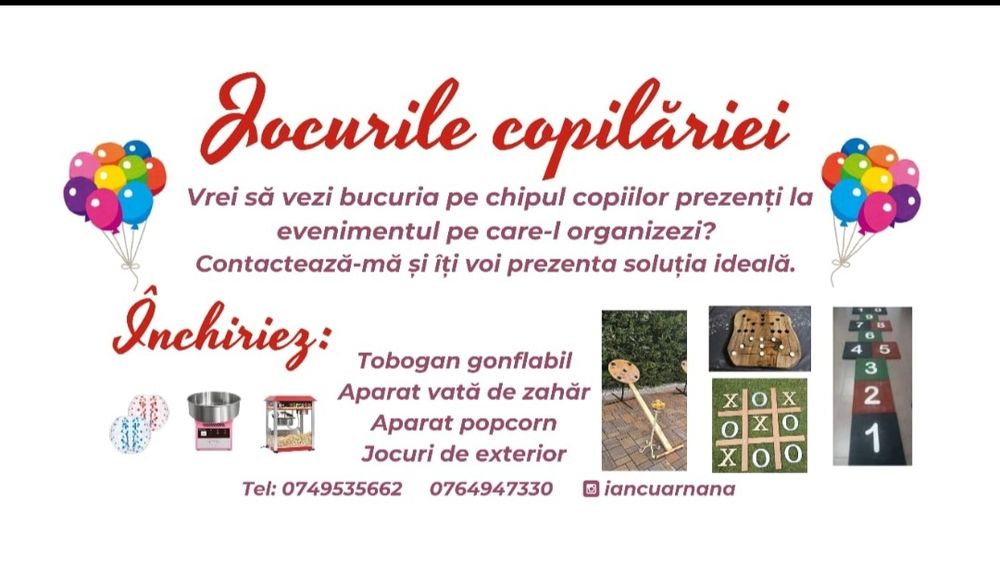 Închiriez: Topogan Gonflabil/jocuri /fundal foto /aparat  vata pe  bat