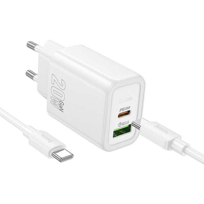 Зарядно за мрежа Hoco N61 / USB A + USB C / 20W PD/QC 3.0 / с кабел Type C към Type C / Бял /