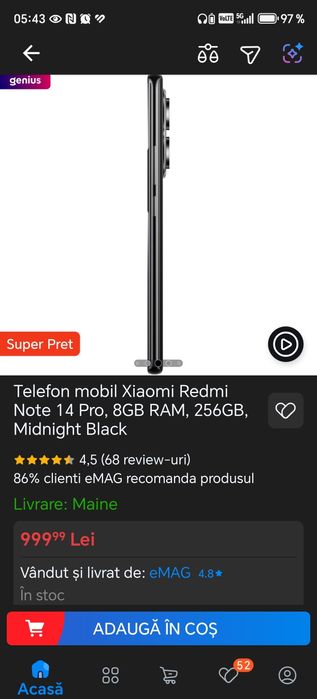 Telefon mobil Xiaomi Redmi Note 14 Pro, 8GB RAM, 256GB, Midnight Blac