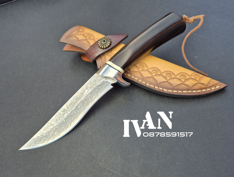 Японски ловен нож-дамаска стомана-VG10-кожена кания