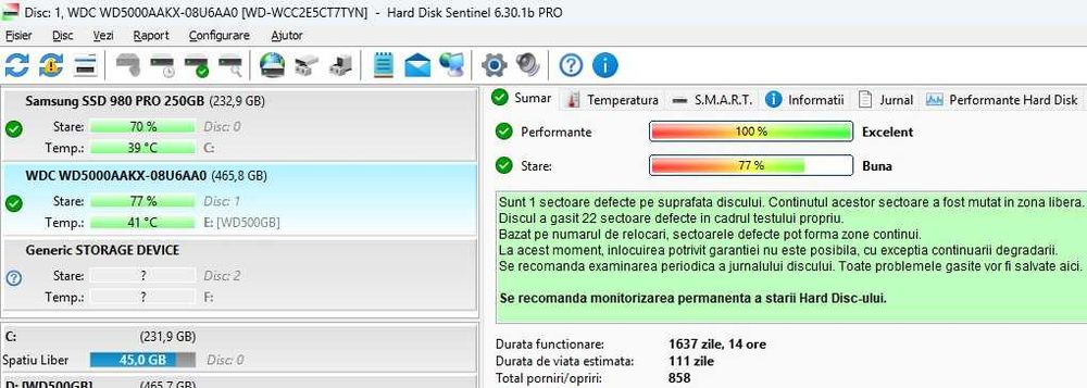 Hard disk desktop Western Digital Blue 500GB, 7200rpm, SATA 3 – funcționează impecabil!