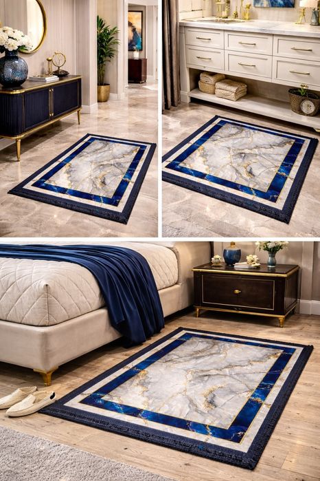 Covor Modern Premium din IRAN – Design Marmură / Albastru Regal