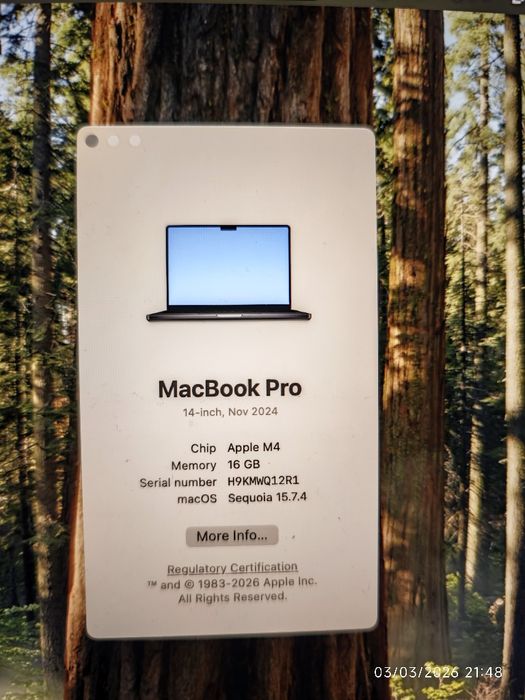 Apple MacBook Pro 14'' M4, 16GB RAM, 512GB SSD Black, 100% батерия