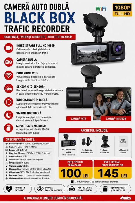 Camera Bord auto Wi-Fi,  tripla FullHD, 3 camere-fata/spate/interior, ecran 2'', G Senzor,Black Box