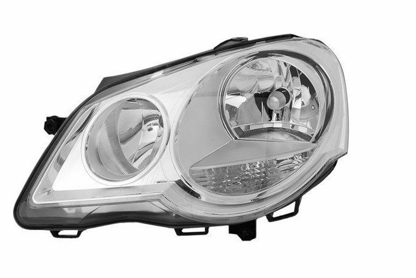 Far VW Polo (9n3) 04.2005-08.2009, stanga/dreapta, tip bec H1+H7, reglare electrica, cu motoras, ECE, cu rama argintie, 6Q1941007AJ, 6Q1941007AK