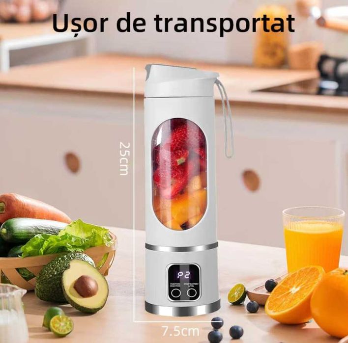 Blender portabil 450ml, 12 lame inox, afisaj LED