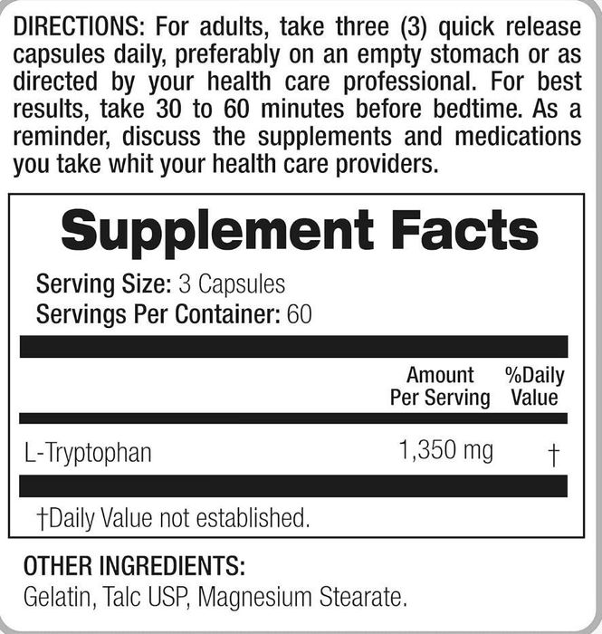L Tryptophan Л Триптофан 1350мг 180 кап USA