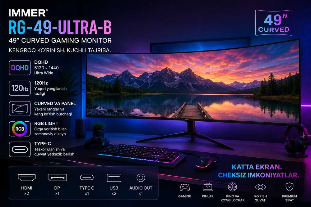IMMER 49 CURVED hdmi+db+Type-C+Usb+AUDIO 120hz DQHD RGB Has stand