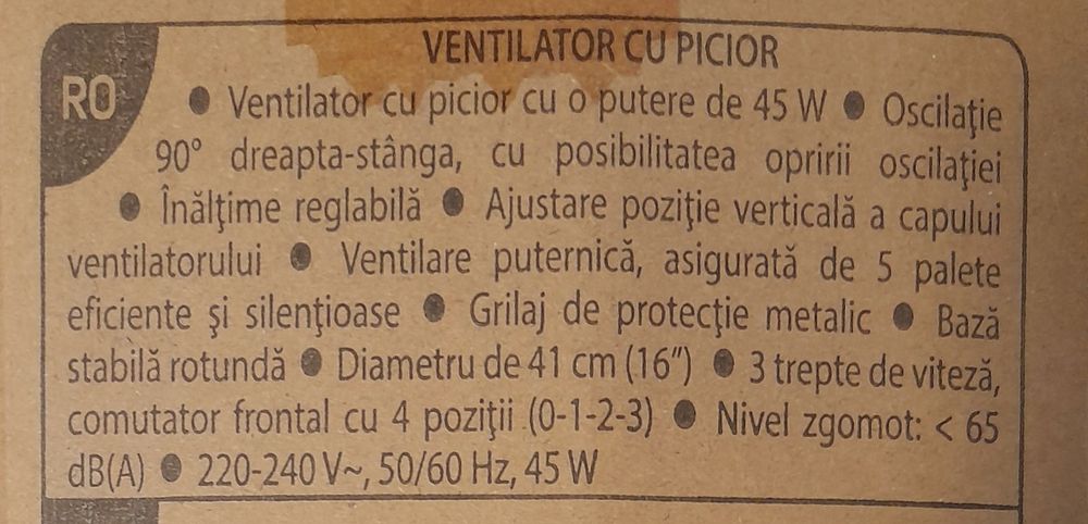 Ventilator NOU în cutie 2 modele 45W,înălțime reglabilă,viteză 3 trepte, oscilație 90°,diametru 41cm