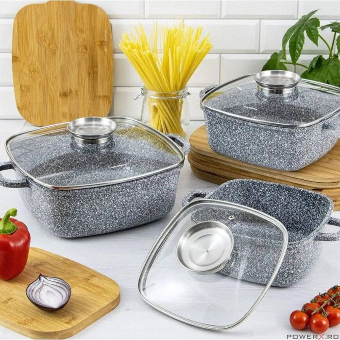 Vas pentru cuptor termorezistent, strat antiaderent marmura, cu capac,