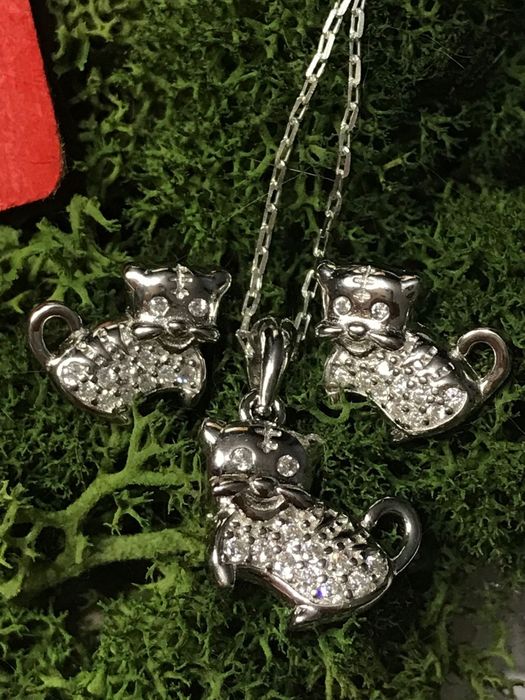 Set argint Pisica - lant, pandantiv si cercei - cadou bijuterii