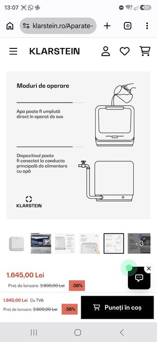 Mini mașină de spălat vase Klarstein Aquatica, compactă (42 cm), merge si fara racord la apa