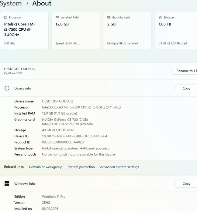 Unitate PC SFF Dell i5 7500 3,4/3,8Ghz, 12GB, 128GB+1TB, Nvidia GT 720 2GB, Win11 Office 2024