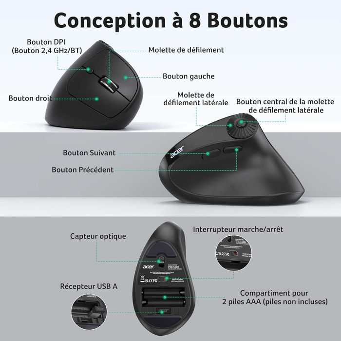 Мишка Безжична Acer, Ергономична, Bluetooth 5.2 + 2.4GHz, 4000 DPI