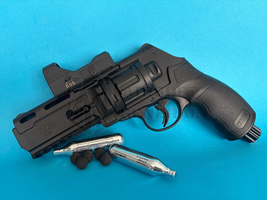 Pistol paintball puternic 11j set cu bile cauciuc, cutie transport si capsule co2 cadou Airsoftgeneral NOU