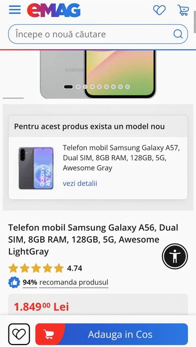SAMSUNG A56 5G Awesome Lightgray Duos 8/128 GB ca nou + cadou!