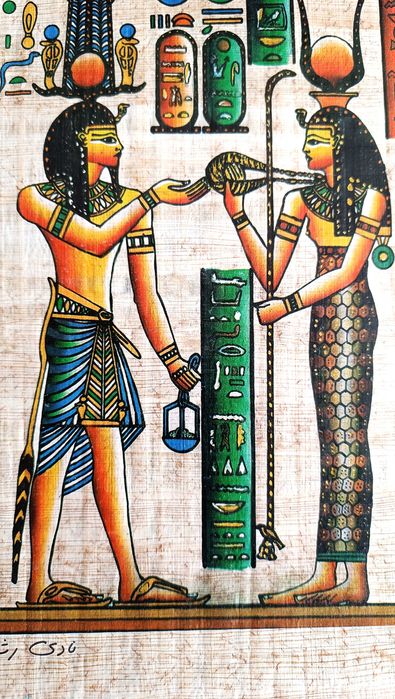 Papirus egiptean autentic — Hathor și Isis, Zeițele Divine - papirus înrămat