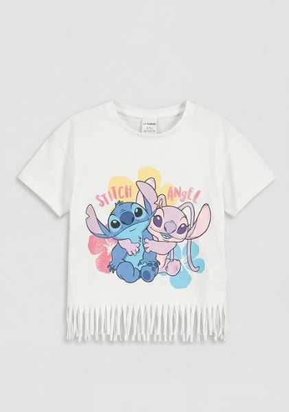Tricou copii Lilo si Stich cu terminatie cu franjuri si imprimeu desene animate, Alb