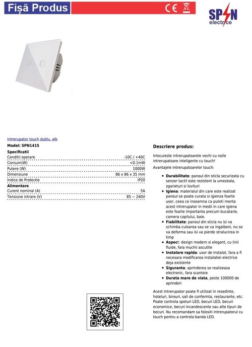 Întrerupător Dublu cu touch din sticla alb