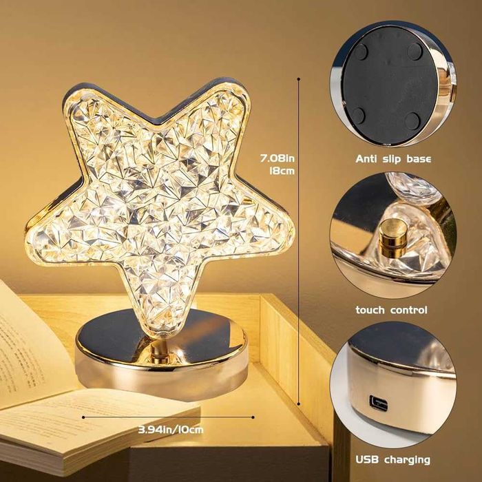 Lampa LED RGB tip stea de cristal reincarcabila USB auriu 15.5x17 cm