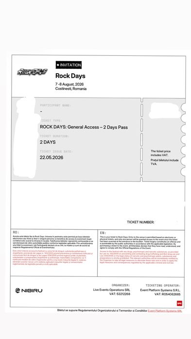 Invitatie dubla Nibiru RockDays - 2 Day GA