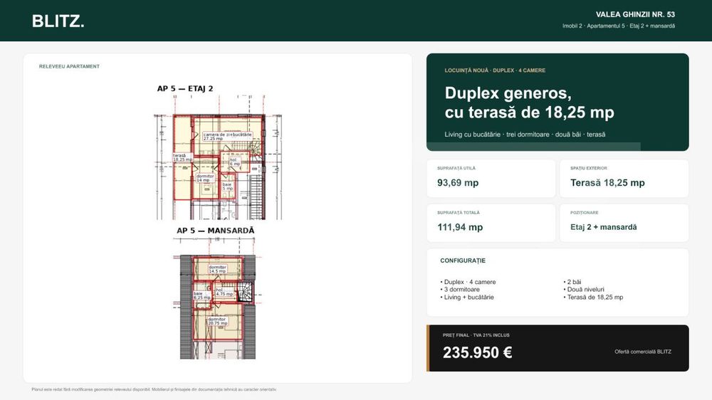 Apartament cu 4 camere si terasa de 18,25 mp, 111,94 mp total — fotografia 2