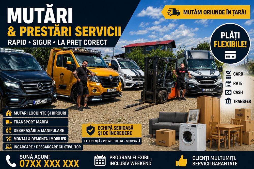 Mutari si transport marfa masini si cu lift!