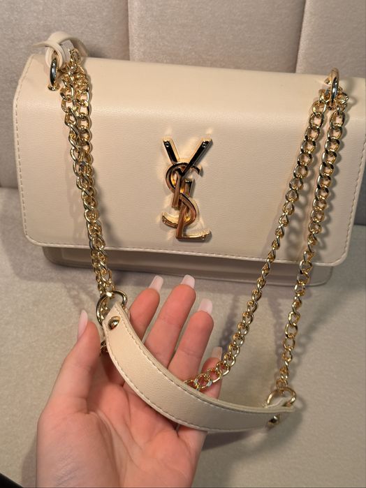Geantă YSL- bej-alb cu sigla aurie
