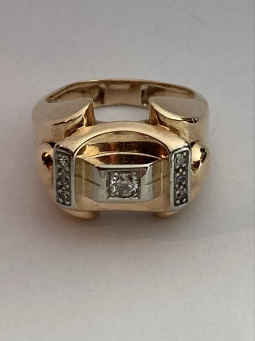 Inel antic Tank aur roz cu diamante