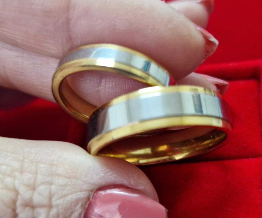 GR62,verighete placate cu alb/galben 14k, nou, marimi diverse