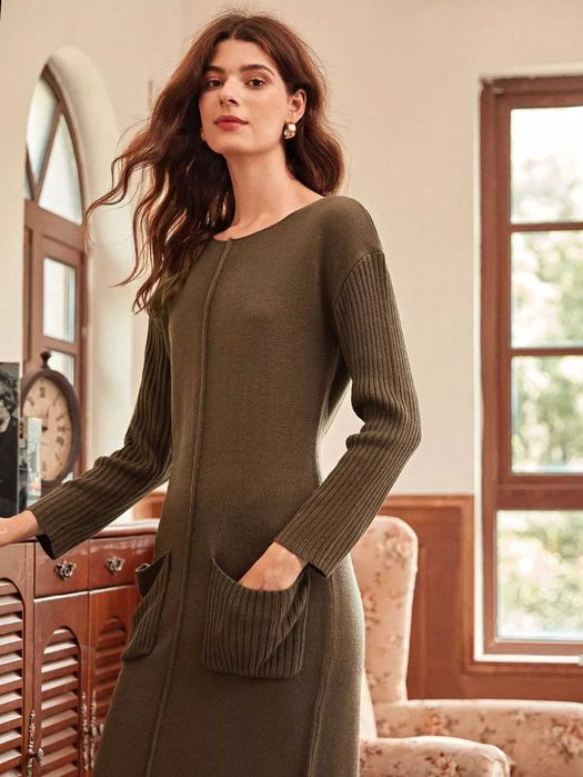 Есенно-зимна рокля, Дълга рокля, Кафява рокля, Топла рокля, Елегантна