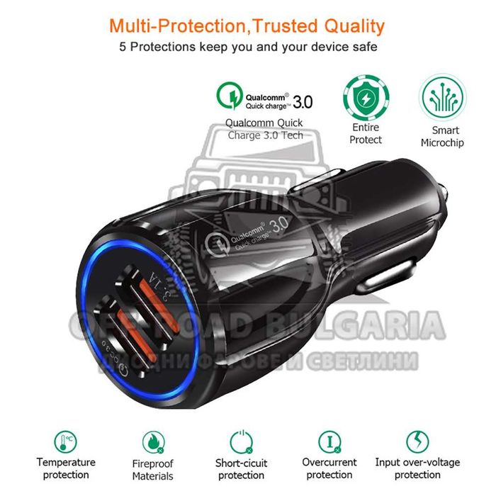 Универсално USB зарядно с 2 порта 12V-24V Quick Charge 3.0