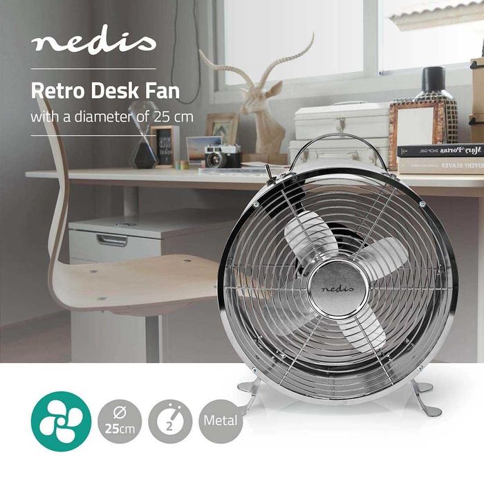 NEDIS Ventilator Retro de birou 250 mm 20W 2 viteze Metalic Crom 230V