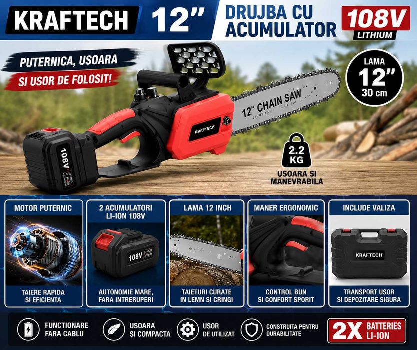 Drujba cu acumulator Kraftech 12 inch 108V 2 baterii
