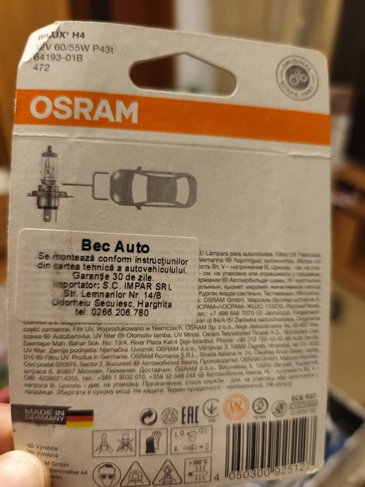Vând 2 becuri H4 OsraM 12 V 60/55w
