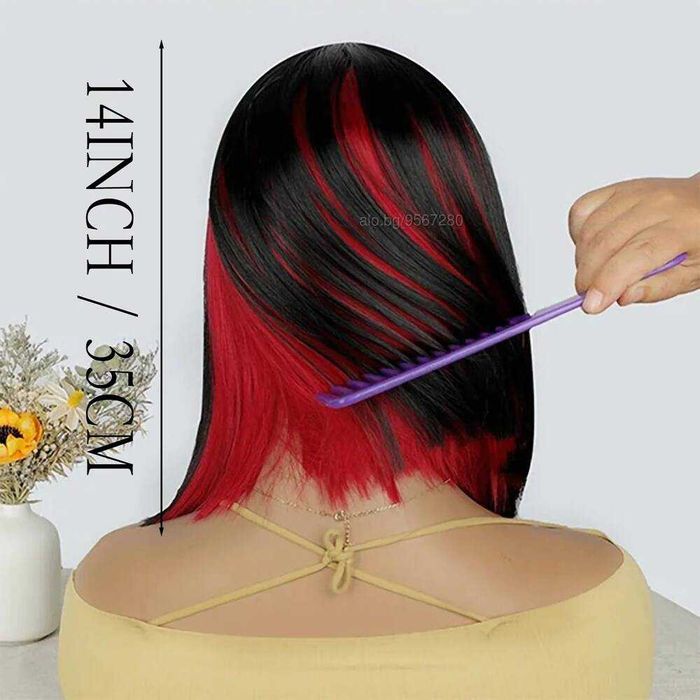 Ефектна боб каре черна червена перука два цвята на път