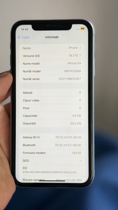iPhone Xr Blue Neverlock 64 GB-Face ID OK-90% Baterie-Spart Spate-OK