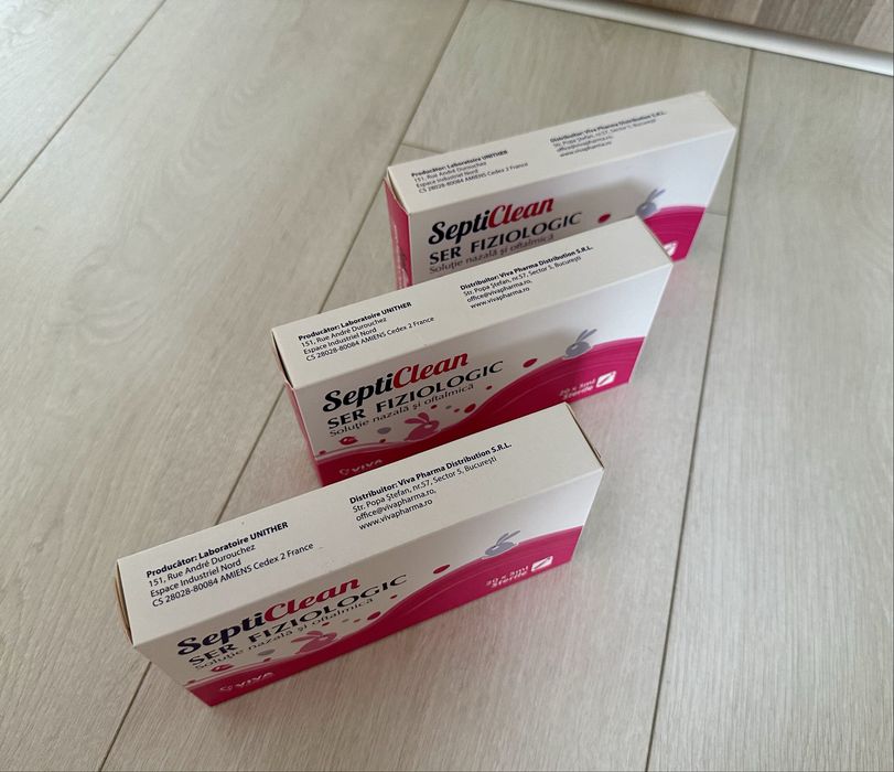 3 cutii de ser fiziologic SeptiClean (soluție nazală și oftalmică), 20 fiole x 5 ml / cutie, Nou