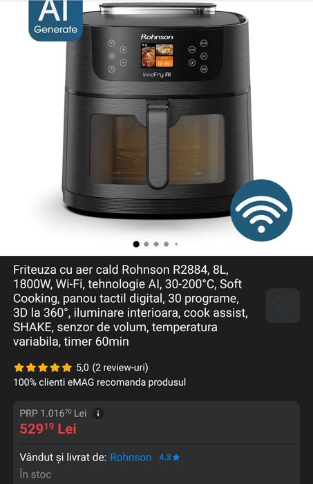 Friteuză cu aer cald Rohnson R-2884 InnoFry AI. 
Strat ceramic 100% s