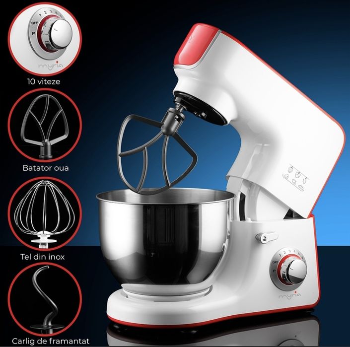 Mixer Planetar  bucatarie cu bol MYRIA, 5l, 1000W, 10 trepte viteza, alb-rosu