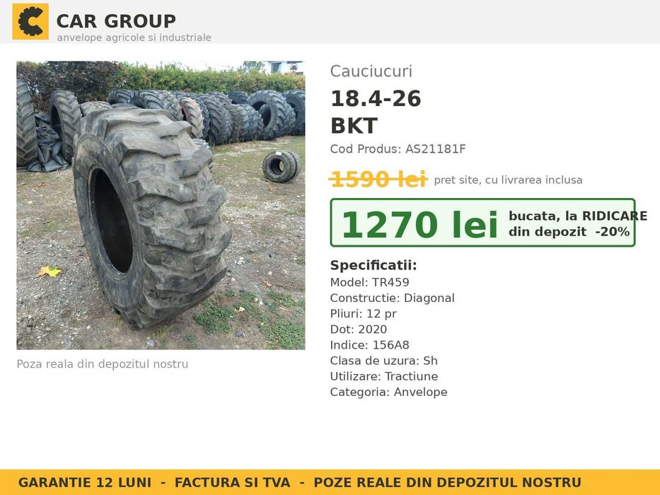 Cauciucuri Anvelope 18.4-26 18.4R26 18.4 26 480/80-26 18426 BKT Incarcator Buldo si Industrial SH Second Hand FACTURA TVA Garantie 1 An Livrare Rapida