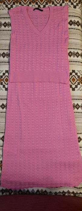 Set Tricotat Parkhande Fustă & Vestă – Roz Vibrant – Mărime Universală