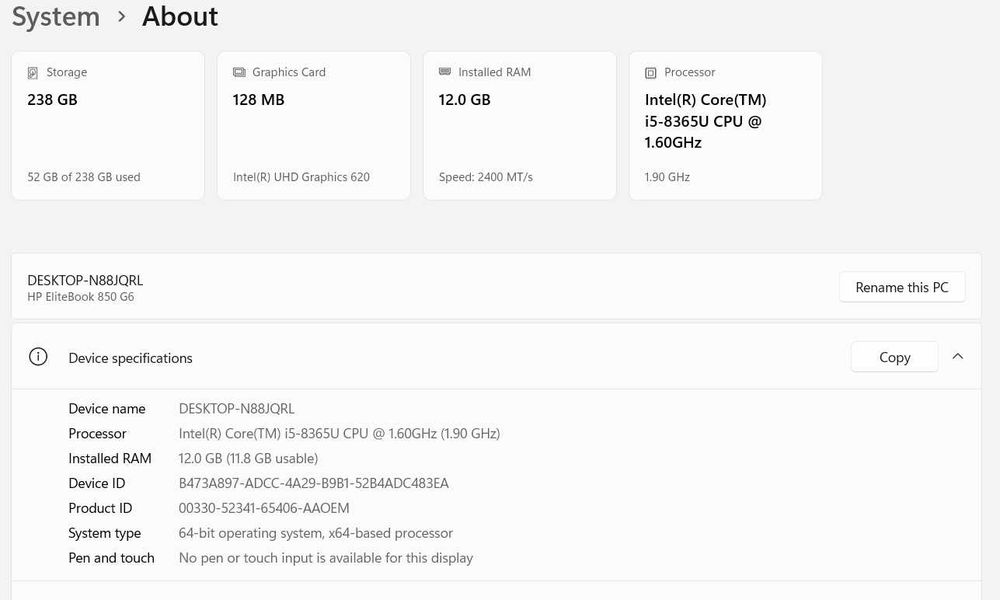 Laptop HP EliteBook 850 G6 – i5-8365U, 12GB RAM, SSD 256GB