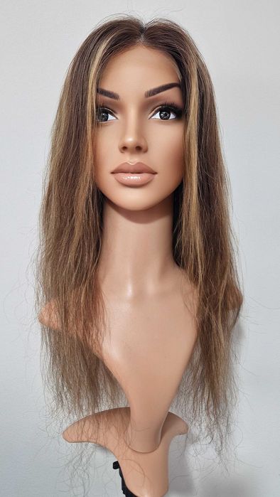 Естествена перука, кафява с руси кичури, 60 см, Lace 4х4