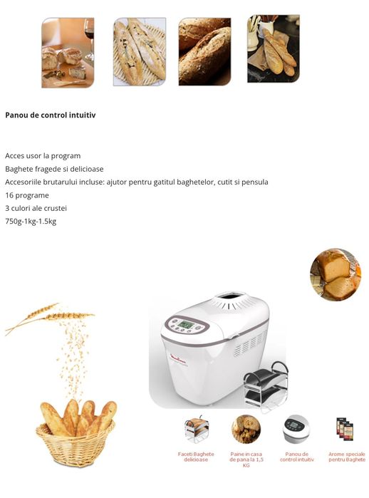 Masina de paine Moulinex Home Bread Baguette, 1600 W, 1.5 kg, 16 Programe, Alb