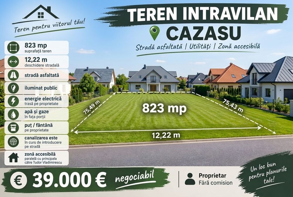 Teren intravilan 823 mp – Cazasu | Stradă asfaltată | Utilități | negociabil