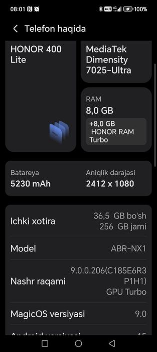 Honor 400 lite ishlashiga javob