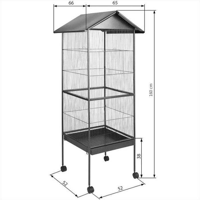 Cusca pentru papagali, Otel, 52 x 52 x 160 cm, cu sertar metalic, 4 roti, Muvu, Negru